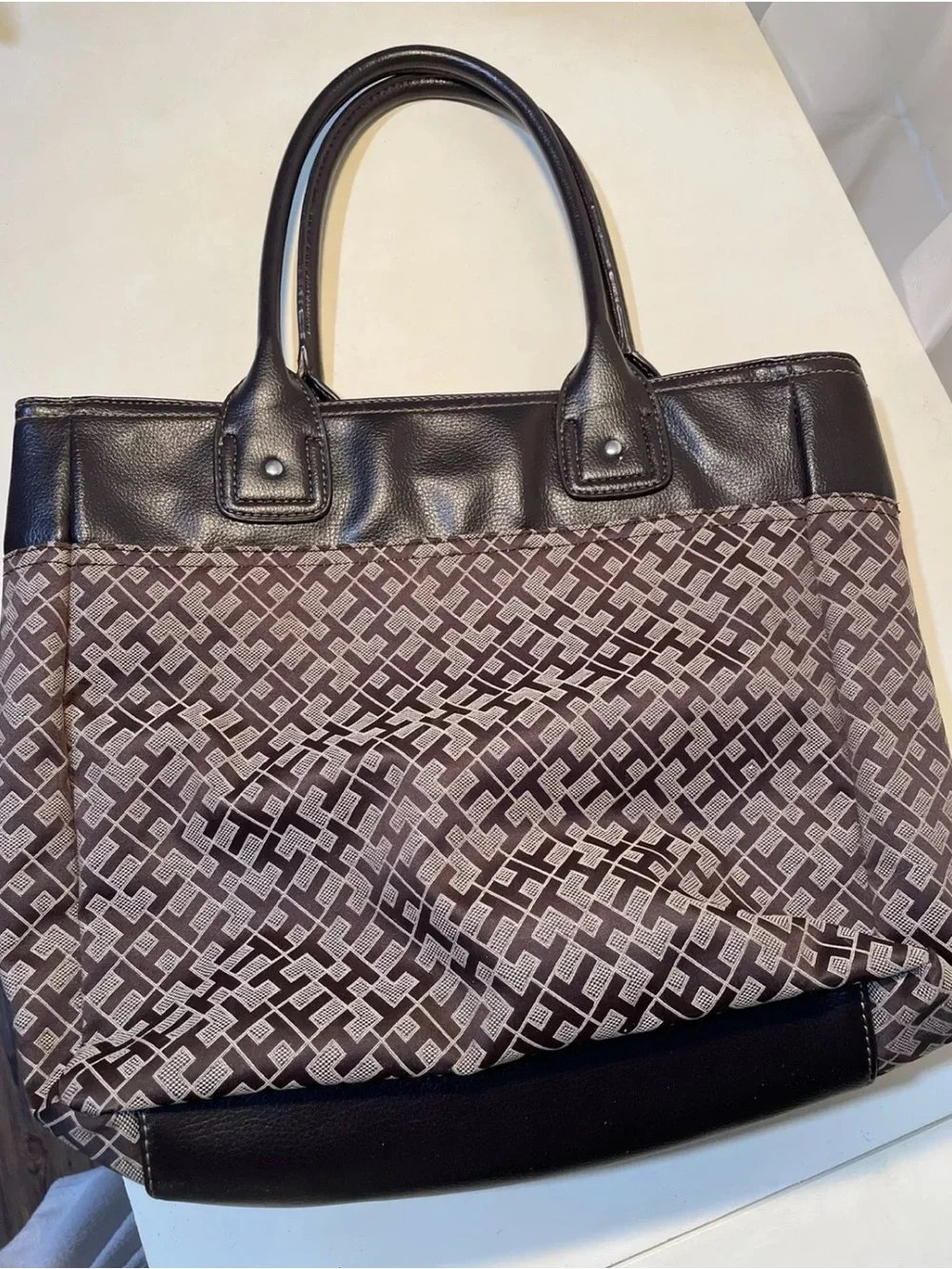 Tommy Hilfiger Brown and Cream Logo Tote with Center Stripe